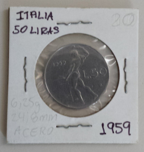 Imagen 1 de 2 de Moneda Italia 50 Liras 1959 R Xf