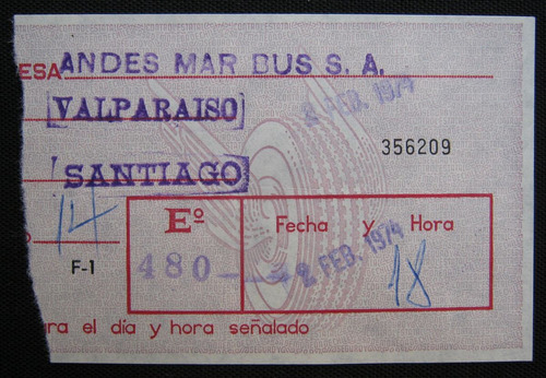 Pasaje Andes Mar Bus Valparaíso A Santiago Año 1974