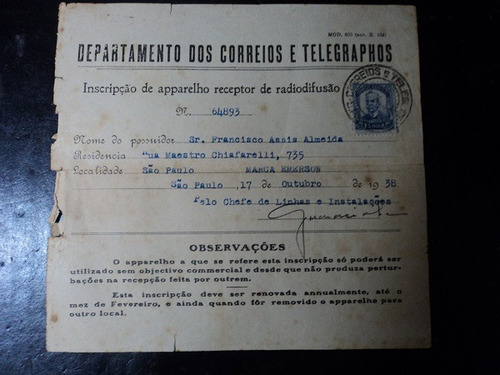 Inscrição De Aparelho Receptor De Radiofusão (selado - 1938)