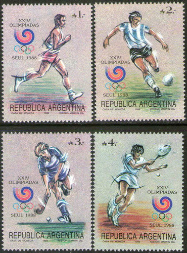 Argentina 4 Sellos Olimpíadas Corea = Tenis = Fútbol 1988 