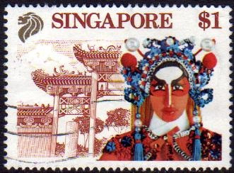 Singapur Sello Usado Turismo = Templo = Máscara = Ópera 1990