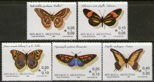 Imagen 1 de 1 de Argentina Serie X 5 Sellos Mint Mariposas = Filatelia 1985