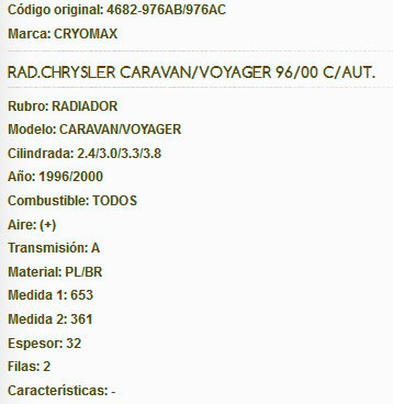 Radiador Chrysler Caravan/voyager 96/00 Caja Aut. Consutar S