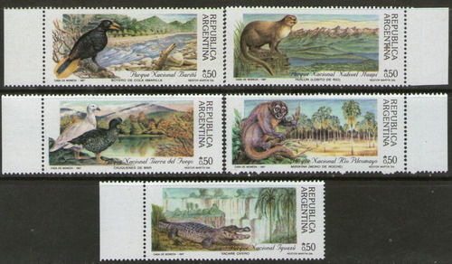 Argentina 5 Sellos Mint Fauna = Parques Nacionales I: Baritú, Nahuel Huapi, Tierra Del Fuego, Pilcomayo, Iguazú Año 1987