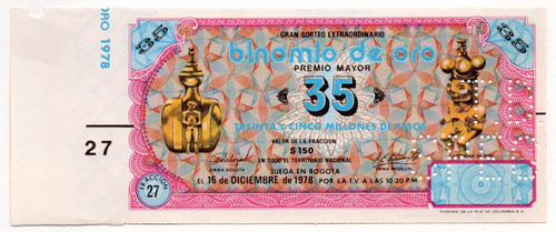 Lotería Binomio De Oro Sorteo Extraordinario 1978