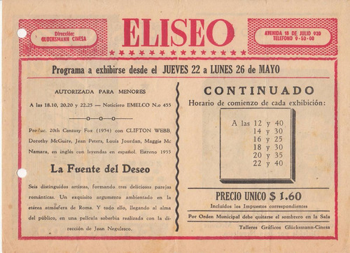 1959 Programa Sala Cine Eliseo Montevideo 18 De Julio