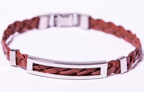 Pulseira Bracelete Masculina Couro Aço Inoxidável Semi Jóia