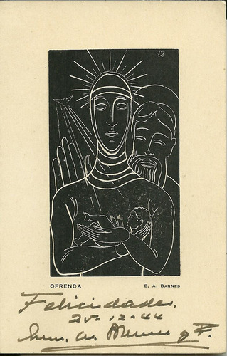 Tarjeta Linóleo Original Barnes 1944 Arte Sacro Dedicado