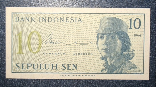 Billete Indonesia 10 Sepuluh Sen 1964 Nuevo Unc Raro Escaso