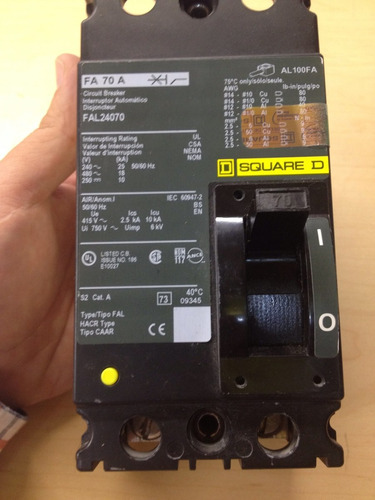 Interruptor Termomagnetico Tipo Fal 2 Polos 70 Amp Square D