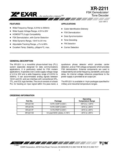 Xr2211cp Xr2211 Pll / Fsk Demodulador Decodificador De Tonos