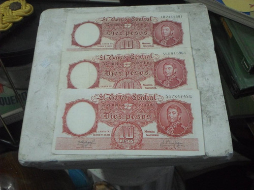 Tres Billetes De 10 Pesos Moneda Nacional