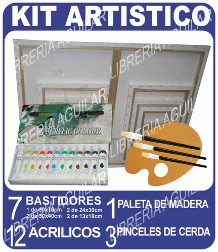 Kit 7 Bastidores 12 Acrilicos 3 Pinceles 1 Paleta Madera