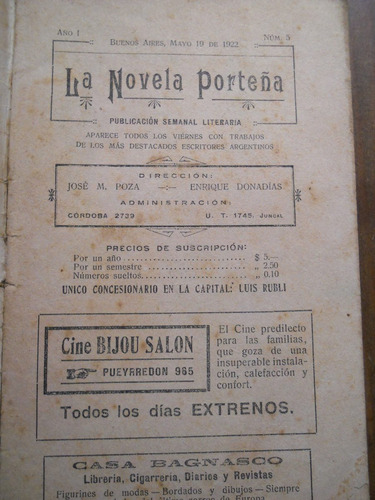 Jose Antonio Saldias. La Maestrita. La Novela Porteña. 1922.