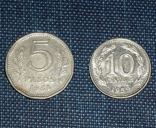 2 Moneda Argentina 10 Centavos 5 Pesos 1959 Barco Libertad