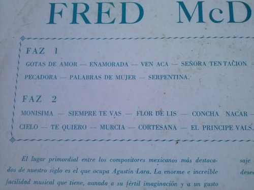 Lp Agustin Lara Con Las Teclas De Fred Mcdonald (Usado)