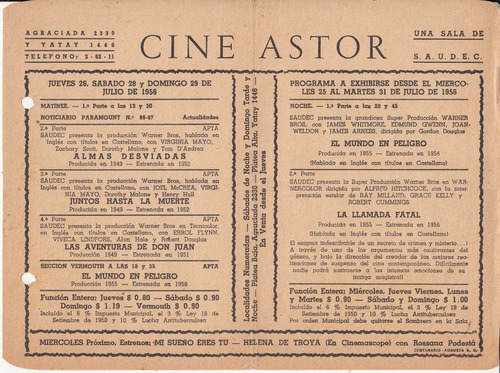 1956 Programa Sala Cine Astor Montevideo Calle Agraciada