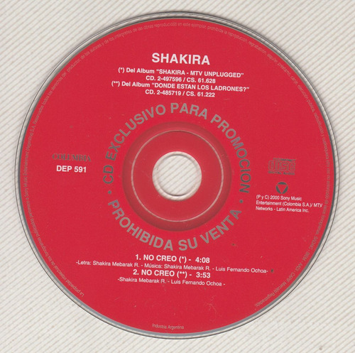 Shakira Cd Promo No Creo 2 Versiones 2000 Argentina Muy Raro