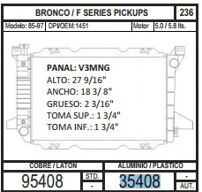 Radiador 35408 Bronco / F Series Pickups 85-97 V8 5.0 / 5.8