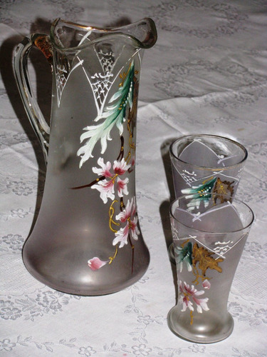 Antigua Jarra Y 2 Vasos Vidrio Cristal Decoracion En Esmalte