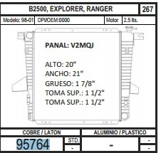 Radiador 95764  B2500, Explorer, Ranger 98-01 V6 2.5 +regalo