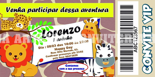 Imagem 2 de 5 de Convites Tipo Ingresso - 50 Unidades - Safari Baby