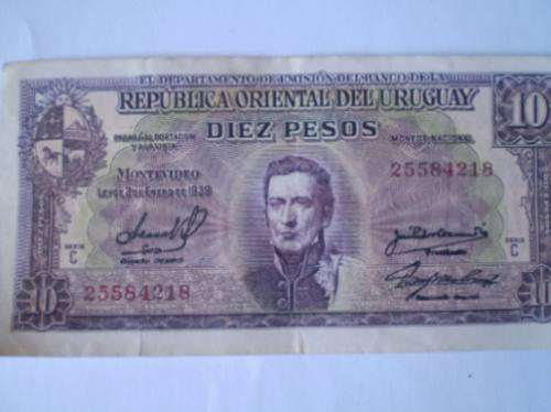 Billete De Uruguay De 10 Pesos De 1939 Serie C Buen Estado..