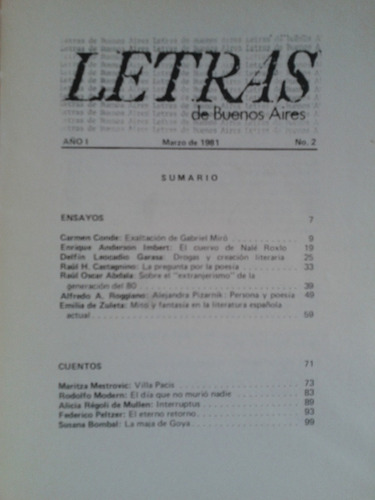 Imagen 3 de 4 de Revista Letras De Buenos Aires Num. 2, Año 1, 1981