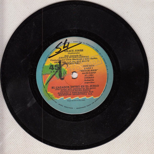1981 Grace Jones Simple Vinilo Promo Argentina El Cazador
