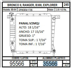 Radiador 35566 Bronco Ii / Ranger 85-94 V6 2.9 / 3.0 +regalo