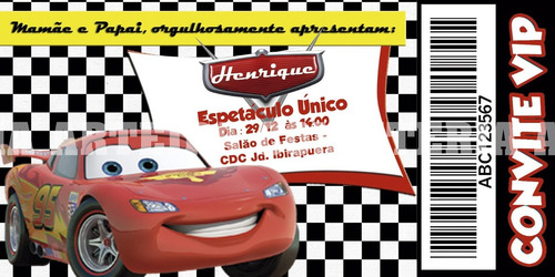 Imagem 2 de 4 de Convite Infantil Carros - Tipo Ingresso - 50 Unidades