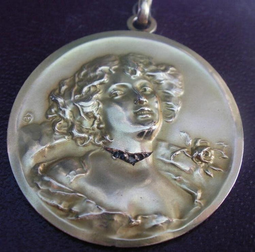 Medalla Art Nouveau Oro 14 K Ilates Y Diamantes Legitimos