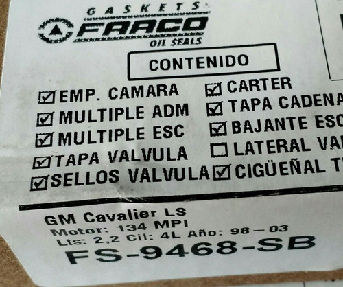 Juego De Empacadora Fraco Cavalier 2.2 Lts Tapa Lisa 98-03