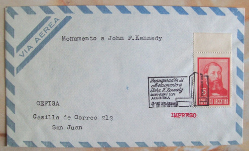 Argentina - Sobre Conmemorativo Monumento Kennedy 1967 L3383