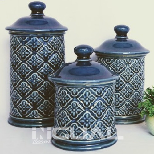 Pote Potiche Decorativo Cerâmica Azul Relevo Com 3 Peças