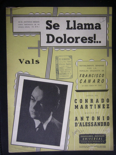Partitura / Se Llama Dolores / Martínez D'alessandro  Canaro