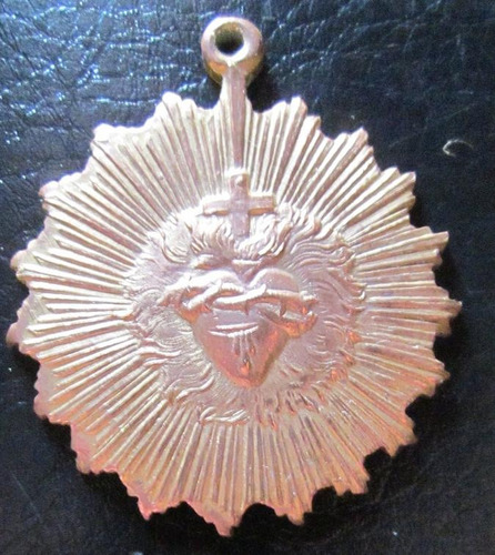 Gran Medalla Religiosa Corazón De Cristo Antiguo En Bronce