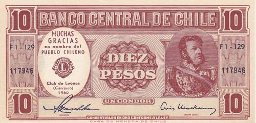 Billete 10 Pesos Chile 1960 Conmemorativo Club De Leones S/c