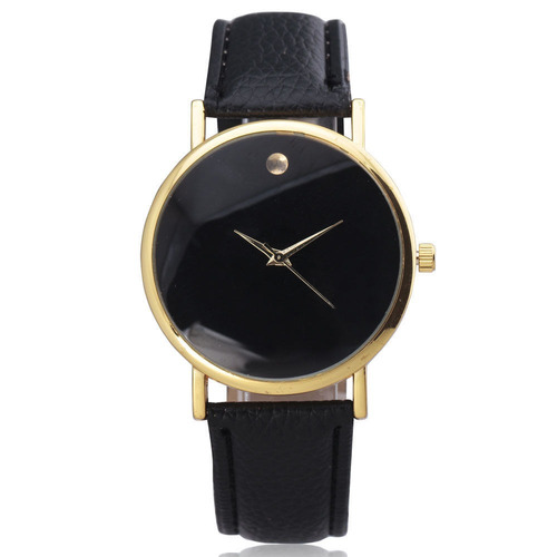 Reloj Elegante Negro Con Dorado Correa Cuero Cronos Franche