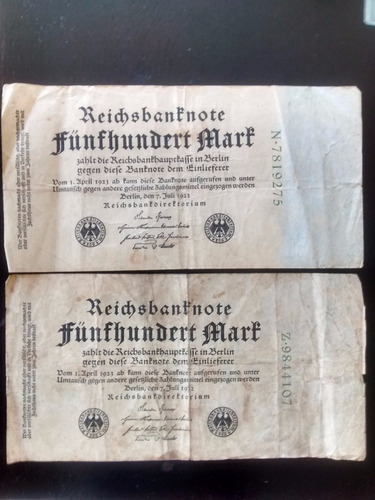 Numismatica Billete Aleman Funfhundert Mark -1922-aleman