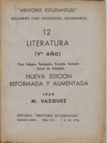 Literatura - Mentores Estudiantiles - Año 1959