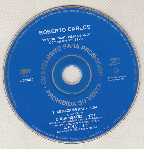 Cd Promo De Roberto Carlos Con 3 Temas Argentina 1997 Raro