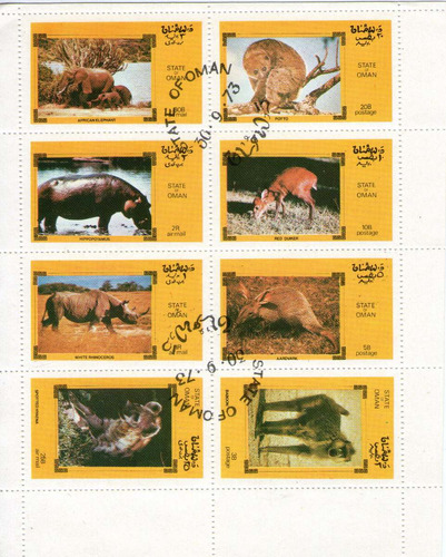 Omán Bloc X 8 Sellos Mamíferos: Mono, Hiena, Elefantes 1973 