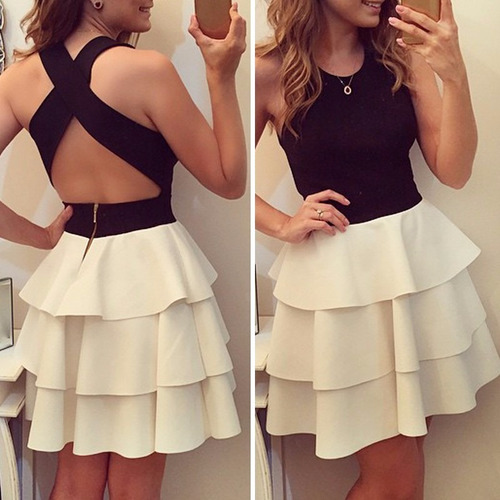 Vestido De Fiesta Top Negro Falda Blanca