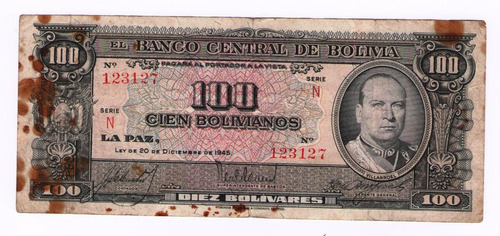 Bolivia 100 Cien Bolivianos Billete Papel Moneda Año 1945