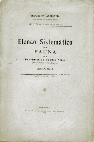 Elenco Sistemático Fauna De La Provincia De Buenos As 1924 