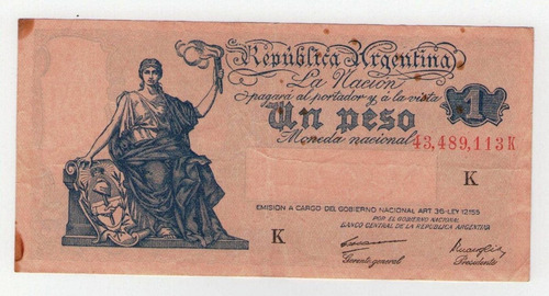 Argentina Un 1 Peso Billete Papel Moneda Ley 12155 Año 1935