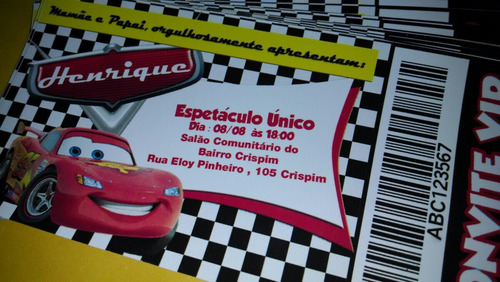 Imagem 1 de 4 de Convite Infantil Carros - Tipo Ingresso - 50 Unidades