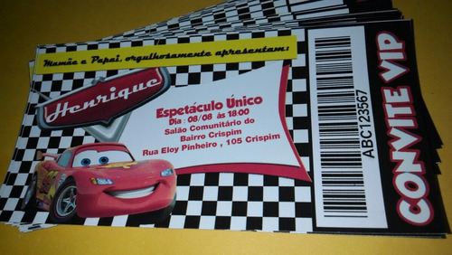 Imagem 4 de 4 de Convite Infantil Carros - Tipo Ingresso - 50 Unidades