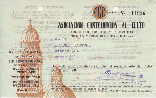 1946 Recibo Arquidiocesis Montevideo Contribucion Iglesia